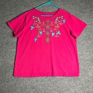 Sabaku Artwear Womens Pink Hummingbird Mola Graphic T-Shirt XL Short Sleeve